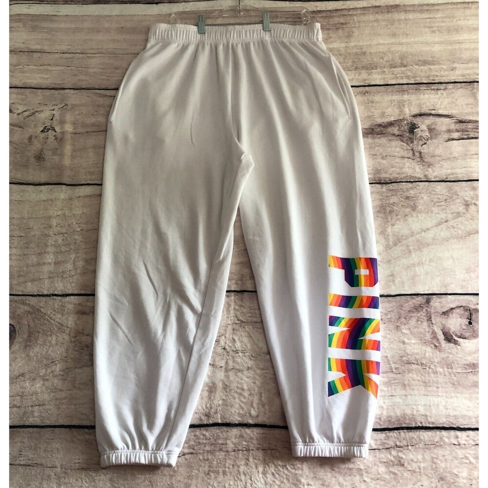 Victoria Secret Pink Campus Sweatpants XL Womens White Rainbow Logo Jogger New